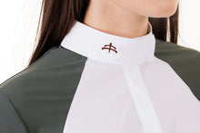Load image into Gallery viewer, Ladies long sleeve polo shirt | technical fabric | lady long sleeve polo shirt | long sleeves polo shirt | long sleeves shirt | model MARGOT | long sleeves riding polo | lady polo | lady riding shirt | riding shirt | ladies riding shirt | comfort of movement | Makebe | clothing | equestrian | riding | technical material | made in Italy | elegance | green |