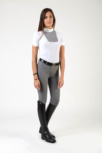 Ladies polo shirt | lady polo shirt | cotton | polo shirt | shirt | model VERONICA | riding polo | lady polo | lady riding shirt | riding shirt | ladies riding shirt | comfort of movement | Makebe | clothing | equestrian | riding | technical material | made in Italy | elegance | white | grey |