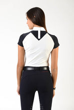 Load image into Gallery viewer, Ladies polo shirt | lady polo shirt | cotton | polo shirt | shirt | model JANE | riding polo | lady polo | lady riding shirt | riding shirt | ladies riding shirt | comfort of movement | Makebe | clothing | equestrian | riding | technical material | made in Italy | elegance | deal | deals | discounts | sales | black | white |