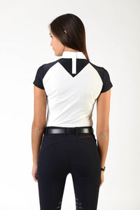 Ladies polo shirt | lady polo shirt | cotton | polo shirt | shirt | model JANE | riding polo | lady polo | lady riding shirt | riding shirt | ladies riding shirt | comfort of movement | Makebe | clothing | equestrian | riding | technical material | made in Italy | elegance | deal | deals | discounts | sales | black | white |